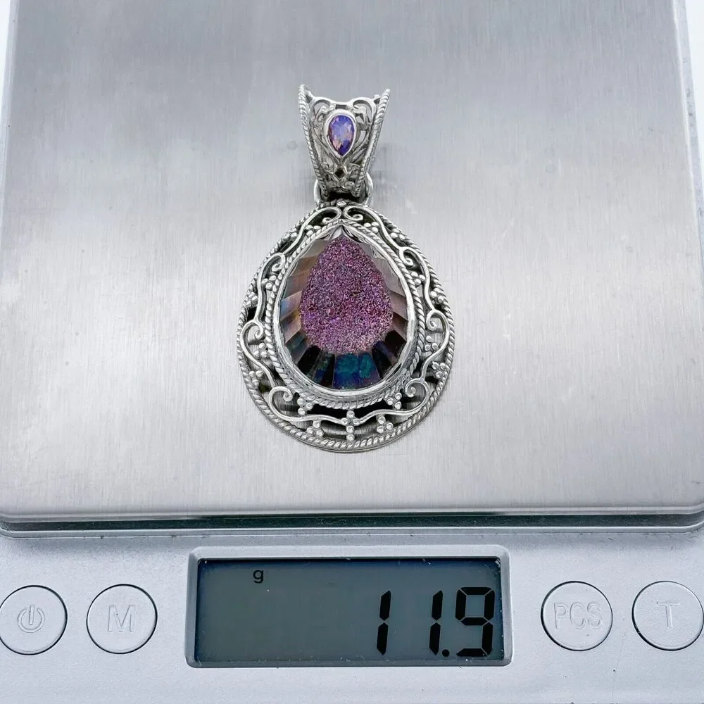Vintage Sajen Sterling Silver 925 Purple Quartz Druzy Topaz Accent Pendant